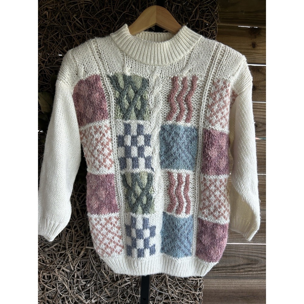 Huntington Ridge Womens Sweater Small White Colorful Patchwork Knitted By Hand - Picture 1 of 5